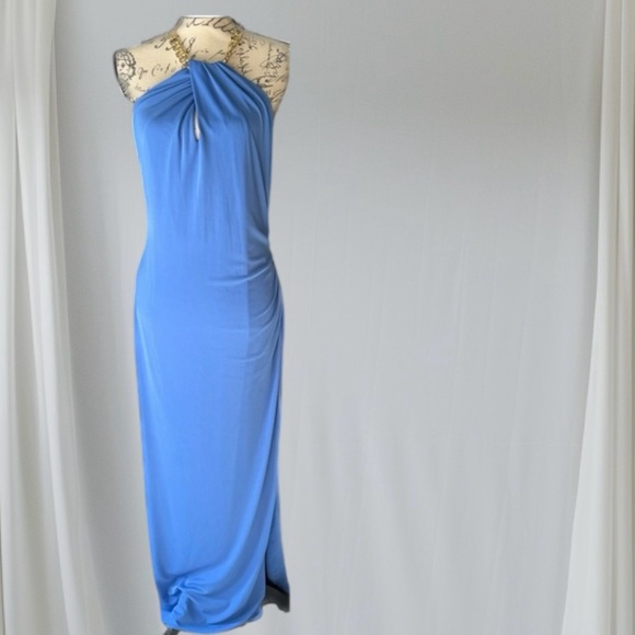 Ralph Lauren Evening Dress Exquisite Blue Halter Chain Neckline True to Size 12 - Picture 14 of 14